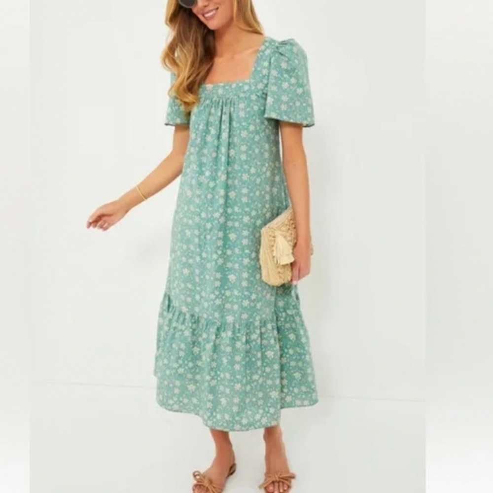 Tuckernuck Hyacinth House Green Floral Puff Sleeve Maxi Dress L
